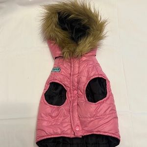 Old Navy pink Pet Puffer Vest Jacket Detachable Faux Fur Hood Treat Pocket Warm